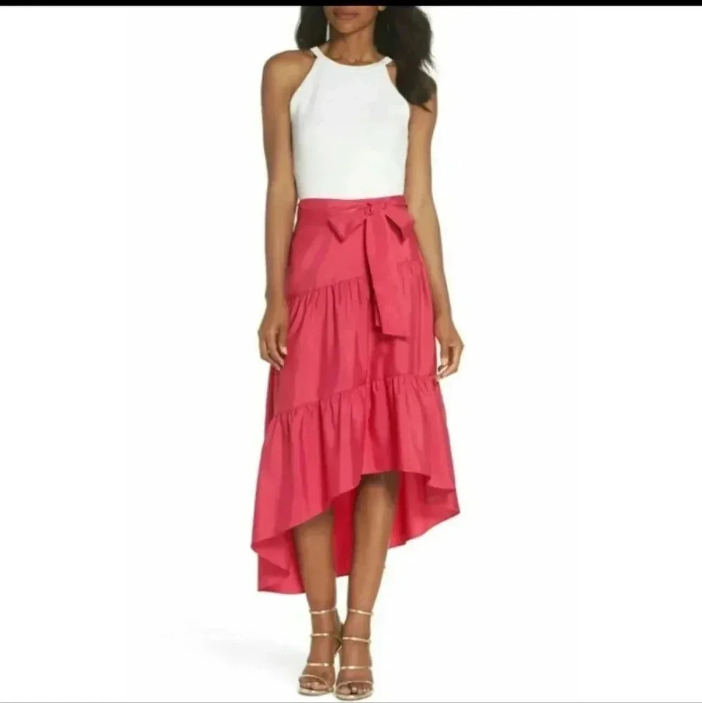New Eliza J Pink Ruffled Women's Bow-tie Asymmetrical Skirt.Size 4